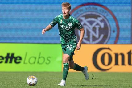Sep 2, 2023; New York, New York, USA; New York City FC midfielder Keaton Parks (55) controls the ball against the Vancouver Whitecaps during the first half at Yankee Stadium. Mandatory Credit: Vincent Carchietta-USA TODAY Sports