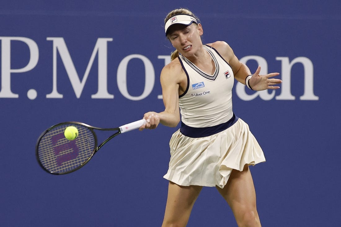 Sep 2, 2023; Flushing, NY, USA; Ekaterina Alexandrova hits a forehand against Marketa Vondrusova of Czech Republic (not pictured) on day six of the 2023 U.S. Open tennis tournament at USTA Billie Jean King National Tennis Center. Mandatory Credit: Geoff Burke-USA TODAY Sports