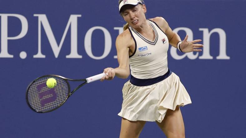 Sep 2, 2023; Flushing, NY, USA; Ekaterina Alexandrova hits a forehand against Marketa Vondrusova of Czech Republic (not pictured) on day six of the 2023 U.S. Open tennis tournament at USTA Billie Jean King National Tennis Center. Mandatory Credit: Geoff Burke-USA TODAY Sports