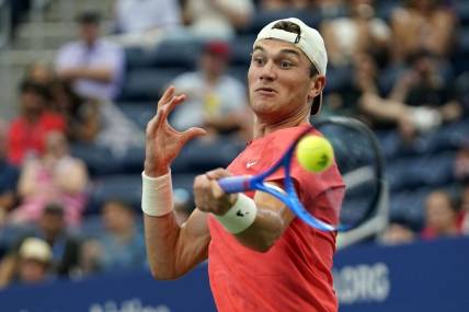 Sep 4, 2023; Flushing, NY, USA; Jack Draper of Great Britain hits to Andrey Rublev on day eight of the 2023 U.S. Open tennis tournament at USTA Billie Jean King National Tennis Center. Mandatory Credit: Danielle Parhizkaran-USA TODAY Sports