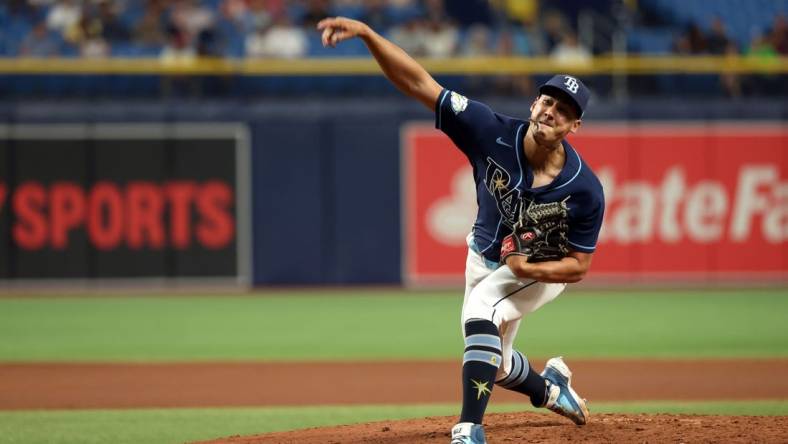 Sep 6, 2023; St. Petersburg, Florida, USA;  Tampa Bay Rays relief pitcher Robert Stephenson (26) throws a pitch against the Boston Red Sox during the seventh inning at Tropicana Field. Mandatory Credit: Kim Klement Neitzel-USA TODAY Sports