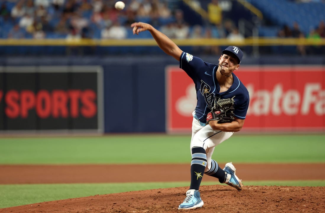 Sep 6, 2023; St. Petersburg, Florida, USA;  Tampa Bay Rays relief pitcher Robert Stephenson (26) throws a pitch against the Boston Red Sox during the seventh inning at Tropicana Field. Mandatory Credit: Kim Klement Neitzel-USA TODAY Sports