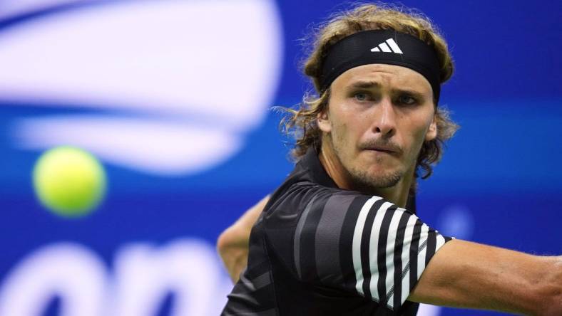 Sep 6, 2023; Flushing, NY, USA; Alexander Zverev of Germany hits to Carlos Alcaraz of Spain on day ten of the 2023 U.S. Open tennis tournament at USTA Billie Jean King National Tennis Center. Mandatory Credit: Danielle Parhizkaran-USA TODAY Sports