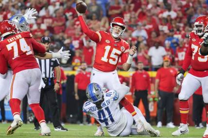 Lions linebacker James Houston tackles Chiefs quarterback Patrick Mahomes during the second half of the Lions' 21-20 win on Thursday, Sept. 7, 2023, in Kansas City, Missouri.