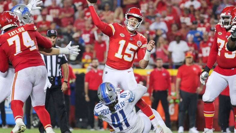 Lions linebacker James Houston tackles Chiefs quarterback Patrick Mahomes during the second half of the Lions' 21-20 win on Thursday, Sept. 7, 2023, in Kansas City, Missouri.