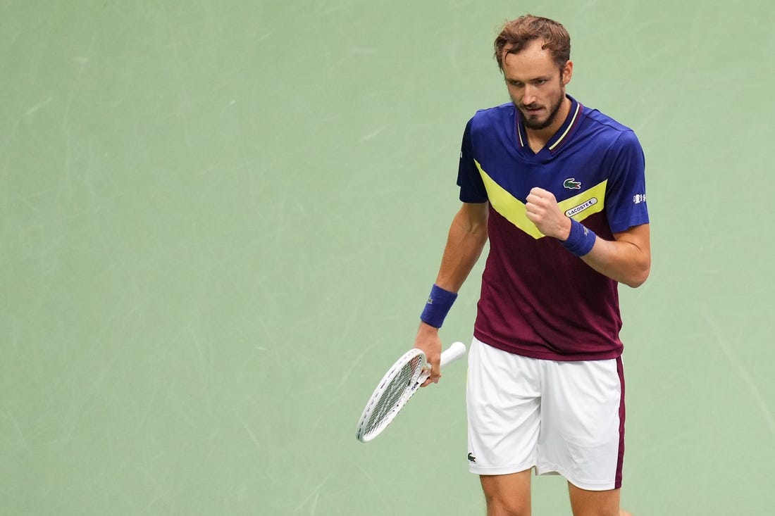 Sep 10, 2023; Flushing, NY, USA; Daniil Medvedev reacts after winning a point against Novak Djokovic of Serbia (not pictured) in the men's singles final in the men's singles final on day fourteen of the 2023 U.S. Open tennis tournament at USTA Billie Jean King National Tennis Center. Mandatory Credit: Danielle Parhizkaran-USA TODAY Sports