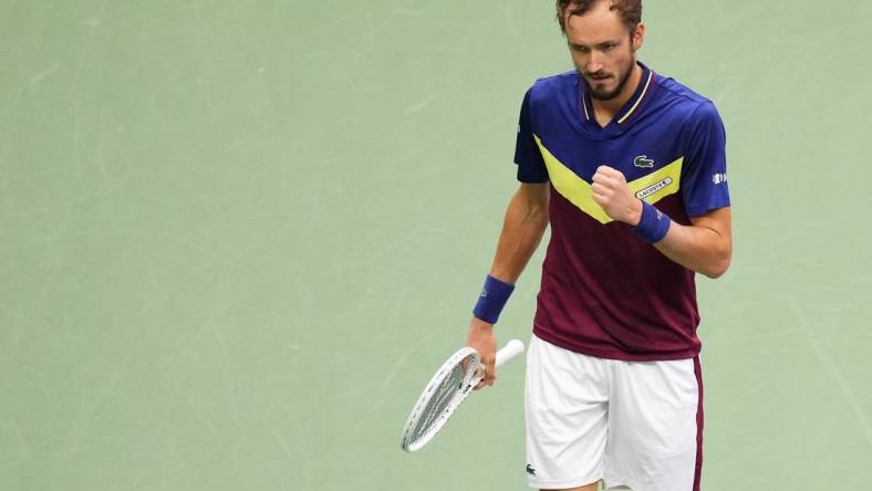 Sep 10, 2023; Flushing, NY, USA; Daniil Medvedev reacts after winning a point against Novak Djokovic of Serbia (not pictured) in the men's singles final in the men's singles final on day fourteen of the 2023 U.S. Open tennis tournament at USTA Billie Jean King National Tennis Center. Mandatory Credit: Danielle Parhizkaran-USA TODAY Sports