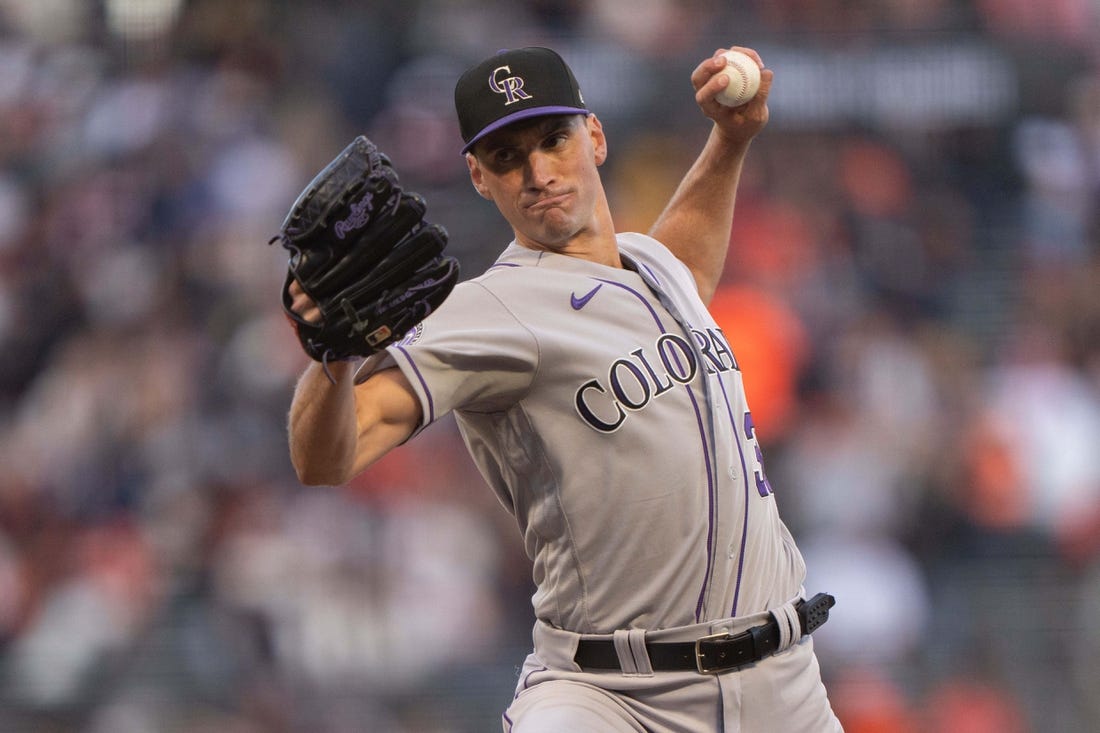 Sep 10, 2023; San Francisco, California, USA;  Colorado Rockies relief pitcher Brent Suter (39) pitches during the sixth inning against the San Francisco Giants at Oracle Park. Mandatory Credit: Stan Szeto-USA TODAY Sports