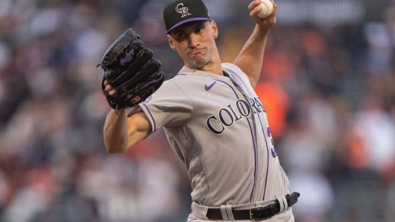 Sep 10, 2023; San Francisco, California, USA;  Colorado Rockies relief pitcher Brent Suter (39) pitches during the sixth inning against the San Francisco Giants at Oracle Park. Mandatory Credit: Stan Szeto-USA TODAY Sports