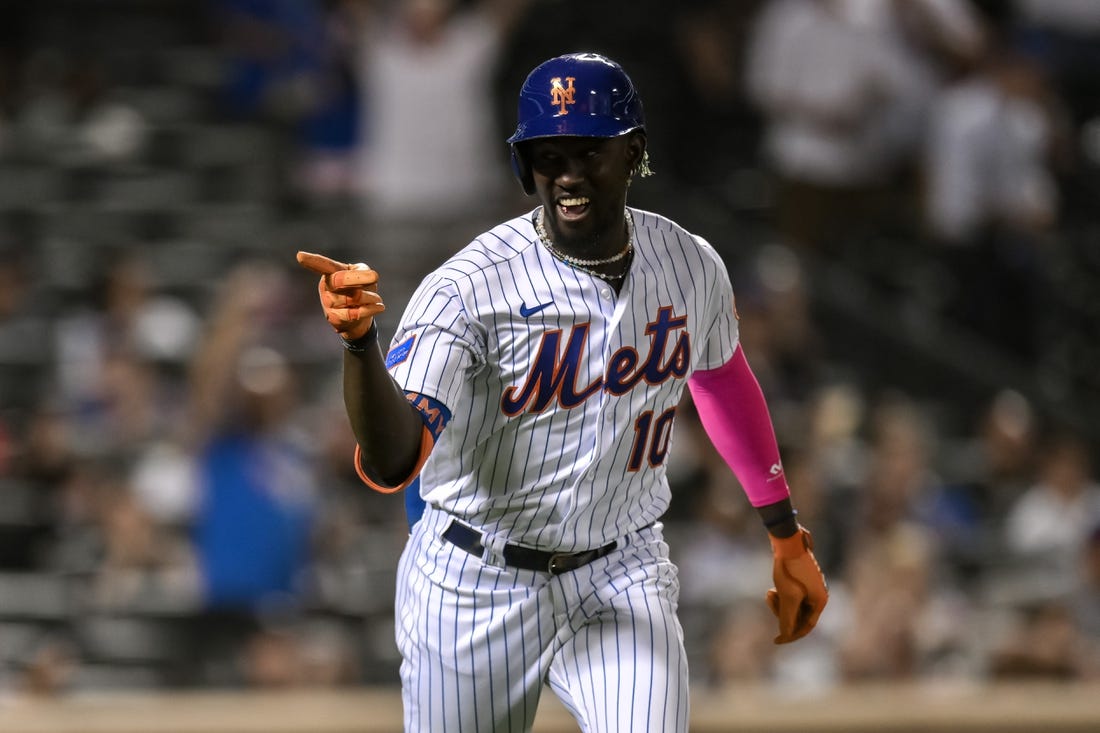 Sep 12, 2023; New York City, New York, USA; New York Mets shortstop Ronny Mauricio (10) reacts after hitting a two run home run against the Arizona Diamondbacks during the fourth inning at Citi Field. Mandatory Credit: John Jones-USA TODAY Sports