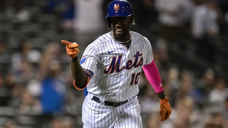 Sep 12, 2023; New York City, New York, USA; New York Mets shortstop Ronny Mauricio (10) reacts after hitting a two run home run against the Arizona Diamondbacks during the fourth inning at Citi Field. Mandatory Credit: John Jones-USA TODAY Sports