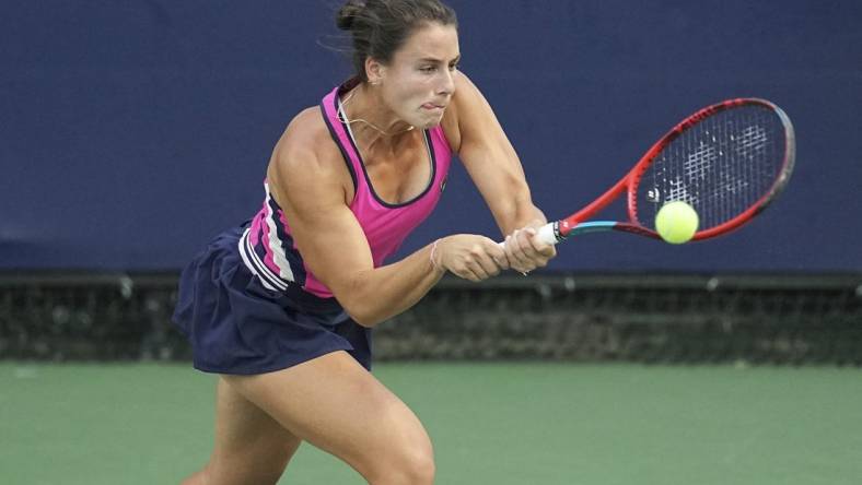 Sep 15, 2023; San Diego, CA, USA;  Emma Navarro of the United States hits a backhand against Sofia Kenin of the United States (not pictured) during the semifinals of the San Diego Open at the Barnes Tennis Center. Mandatory Credit: Ray Acevedo-USA TODAY Sports