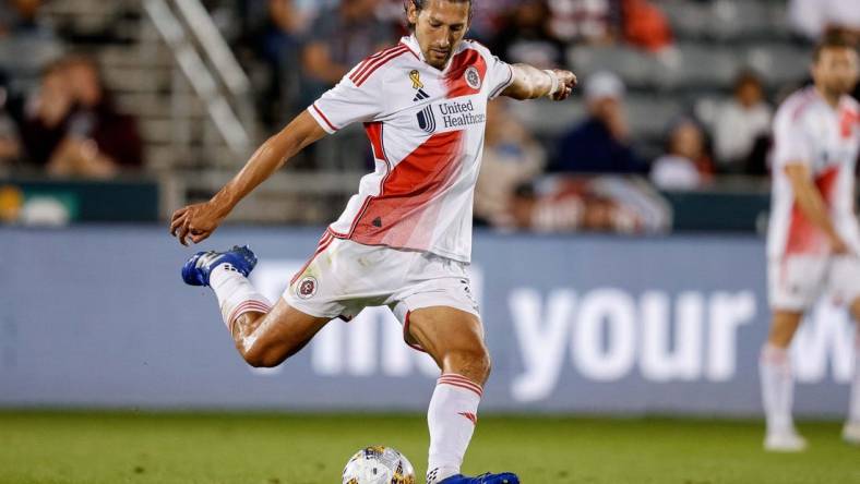 Sep 16, 2023; Commerce City, Colorado, USA; New England Revolution defender Omar Gonzalez (3) controls the ball in the first half against the Colorado Rapids at Dick's Sporting Goods Park. Mandatory Credit: Isaiah J. Downing-USA TODAY Sports