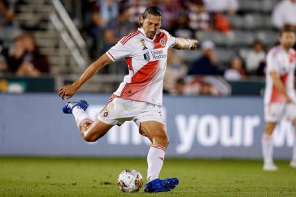 Sep 16, 2023; Commerce City, Colorado, USA; New England Revolution defender Omar Gonzalez (3) controls the ball in the first half against the Colorado Rapids at Dick's Sporting Goods Park. Mandatory Credit: Isaiah J. Downing-USA TODAY Sports
