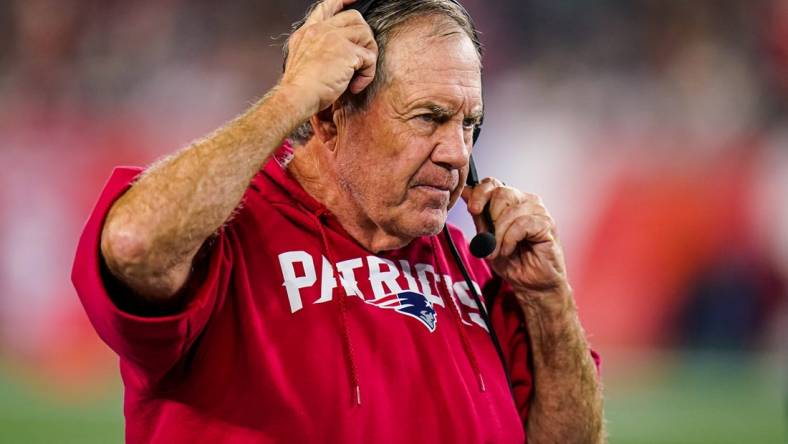 Sep 17, 2023; Foxborough, Massachusetts, USA; New England Patriots head coach Bill Belichick watches from the sideline as they take on the Miami Dolphins at Gillette Stadium. Mandatory Credit: David Butler II-USA TODAY Sports