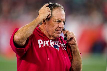 Sep 17, 2023; Foxborough, Massachusetts, USA; New England Patriots head coach Bill Belichick watches from the sideline as they take on the Miami Dolphins at Gillette Stadium. Mandatory Credit: David Butler II-USA TODAY Sports