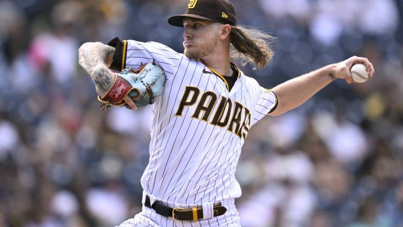 Sep 20, 2023; San Diego, California, USA; San Diego Padres relief pitcher Josh Hader (71) throws a pitch against the Colorado Rockies during the ninth inning at Petco Park. Mandatory Credit: Orlando Ramirez-USA TODAY Sports