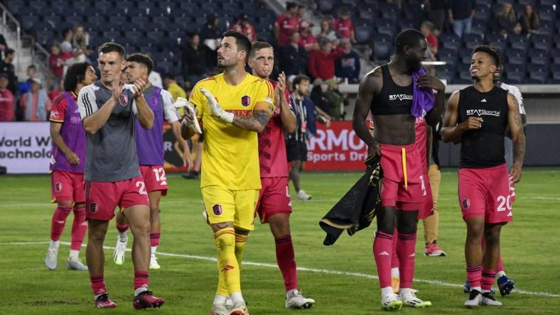 Sep 20, 2023; St. Louis, Missouri, USA; St. Louis City players acknowledge the fans after a match against Los Angeles FC at CITYPARK. Mandatory Credit: Scott Rovak-USA TODAY Sports