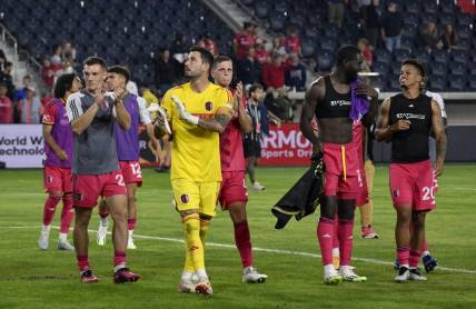 Sep 20, 2023; St. Louis, Missouri, USA; St. Louis City players acknowledge the fans after a match against Los Angeles FC at CITYPARK. Mandatory Credit: Scott Rovak-USA TODAY Sports