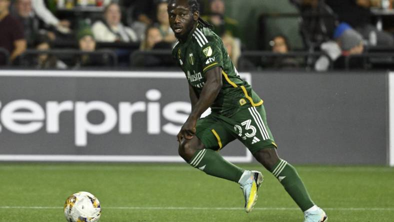 Sep 20, 2023; Portland, Oregon, USA; Portland Timbers forward Yimmi Chara (23) dribbles the ball during the second half against the San Jose Earthquakes at Providence Park. Mandatory Credit: Troy Wayrynen-USA TODAY Sports