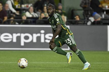 Sep 20, 2023; Portland, Oregon, USA; Portland Timbers forward Yimmi Chara (23) dribbles the ball during the second half against the San Jose Earthquakes at Providence Park. Mandatory Credit: Troy Wayrynen-USA TODAY Sports