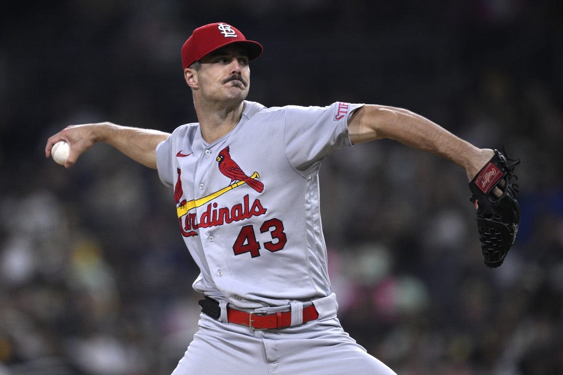 Sep 22, 2023; San Diego, California, USA; St. Louis Cardinals starting pitcher Dakota Hudson (43) throws a pitch against the San Diego Padres during the first inning at Petco Park. Mandatory Credit: Orlando Ramirez-USA TODAY Sports