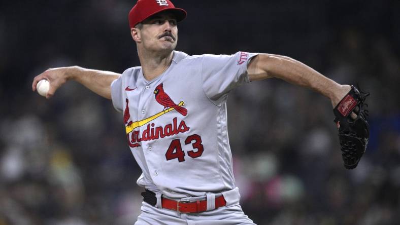 Sep 22, 2023; San Diego, California, USA; St. Louis Cardinals starting pitcher Dakota Hudson (43) throws a pitch against the San Diego Padres during the first inning at Petco Park. Mandatory Credit: Orlando Ramirez-USA TODAY Sports