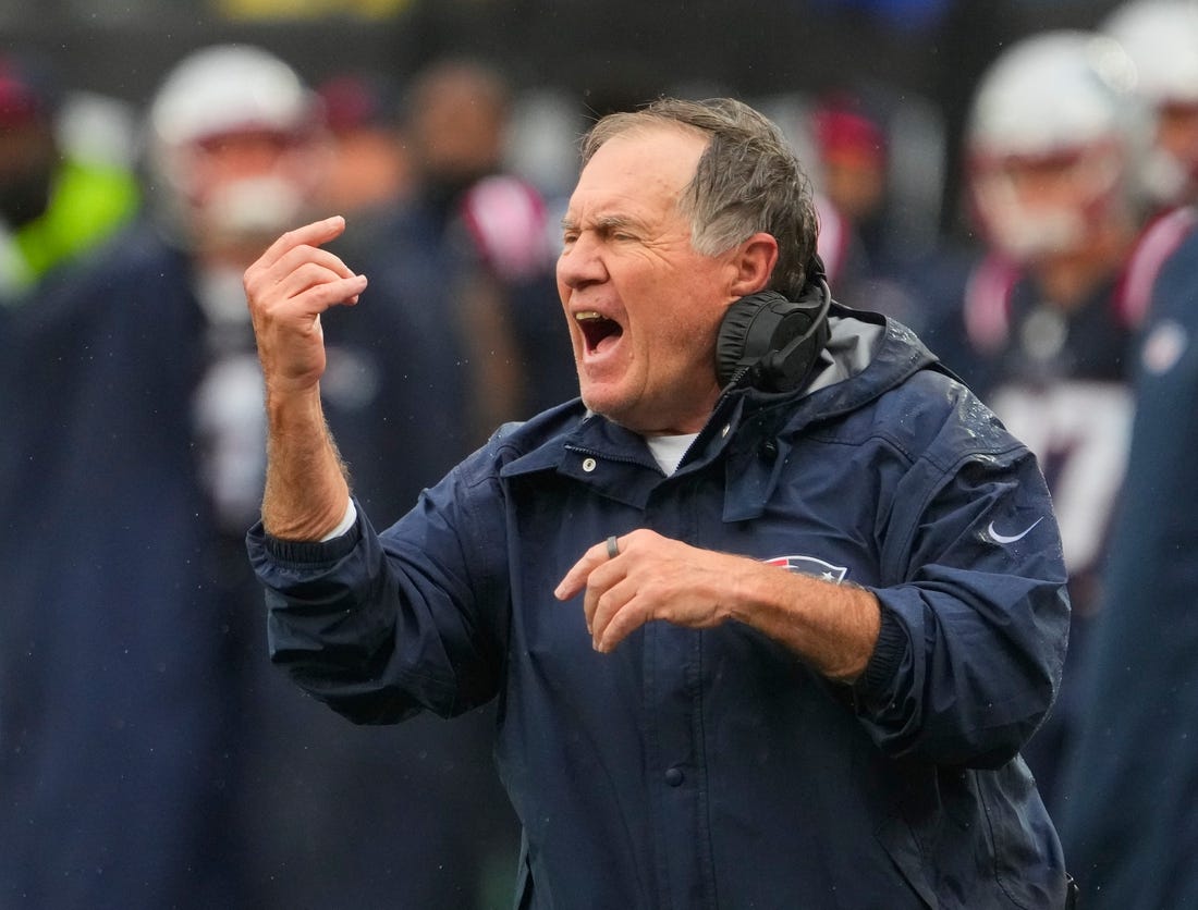 Sep 24, 2023; East Rutherford, New Jersey, USA; New England Patriots head coach Bill Belichick at MetLife Stadium. Mandatory Credit: Robert Deutsch-USA TODAY Sports