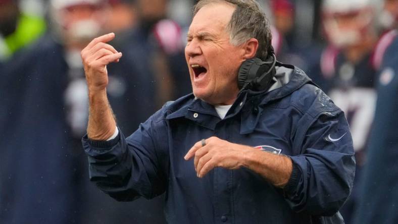 Sep 24, 2023; East Rutherford, New Jersey, USA; New England Patriots head coach Bill Belichick at MetLife Stadium. Mandatory Credit: Robert Deutsch-USA TODAY Sports