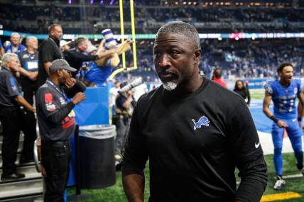 Detroit Lions defensive coordinator Aaron Glenn walks off the field after 20-6 win over Atlanta Falcons at Ford Field in Detroit on Sunday, Sept. 24, 2023.
