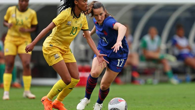 Sep 24, 2023; Chicago, Illinois, USA; South Africa midfielder Linda Motlhalo (10) dribbles the ball against United States midfielder Andi Sullivan (17) during the first half at Soldier Field. Mandatory Credit: Jon Durr-USA TODAY Sports