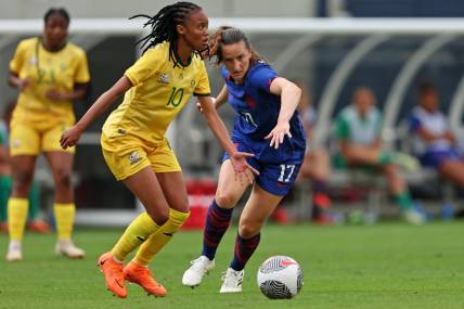 Sep 24, 2023; Chicago, Illinois, USA; South Africa midfielder Linda Motlhalo (10) dribbles the ball against United States midfielder Andi Sullivan (17) during the first half at Soldier Field. Mandatory Credit: Jon Durr-USA TODAY Sports