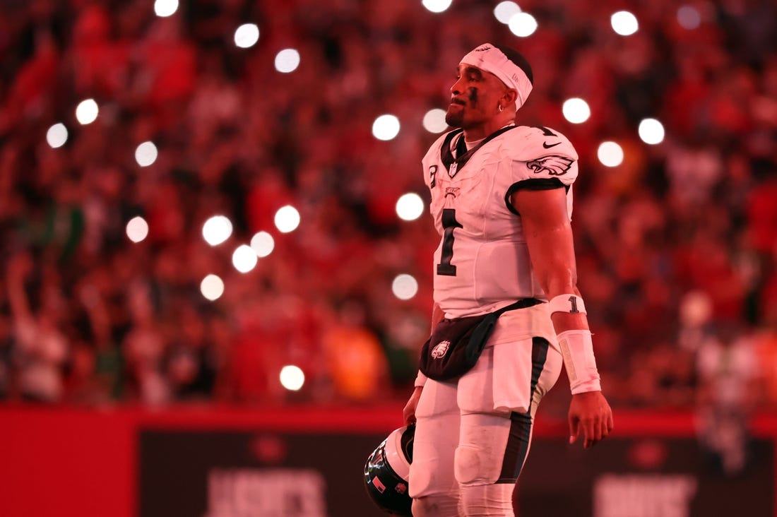 Sep 25, 2023; Tampa, Florida, USA; Philadelphia Eagles quarterback Jalen Hurts (1) against the Tampa Bay Buccaneers during the second half at Raymond James Stadium. Mandatory Credit: Kim Klement Neitzel-USA TODAY Sports