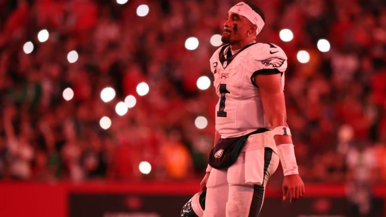 Sep 25, 2023; Tampa, Florida, USA; Philadelphia Eagles quarterback Jalen Hurts (1) against the Tampa Bay Buccaneers during the second half at Raymond James Stadium. Mandatory Credit: Kim Klement Neitzel-USA TODAY Sports