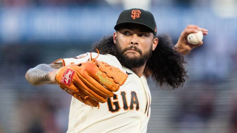 Sep 27, 2023; San Francisco, California, USA; San Francisco Giants starting pitcher Sean Manaea (52) throws against the San Diego Padres during the first inning at Oracle Park. Mandatory Credit: John Hefti-USA TODAY Sports