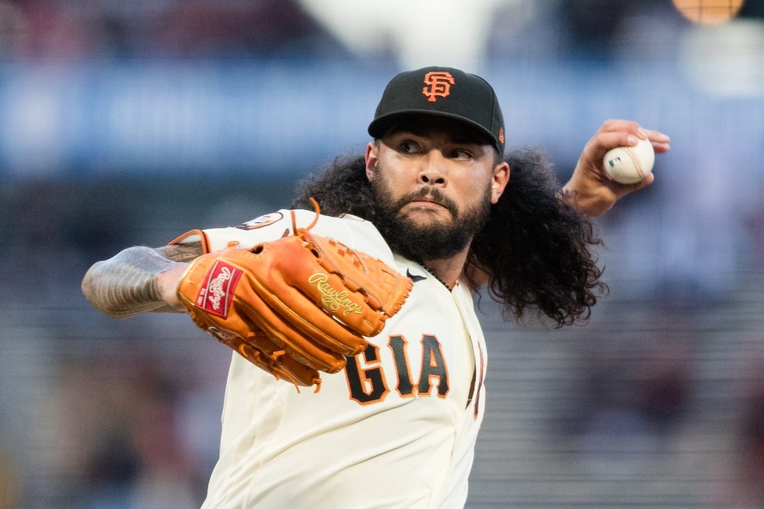 Sep 27, 2023; San Francisco, California, USA; San Francisco Giants starting pitcher Sean Manaea (52) throws against the San Diego Padres during the first inning at Oracle Park. Mandatory Credit: John Hefti-USA TODAY Sports