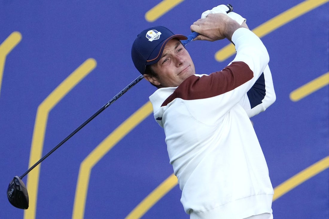 Sep 30, 2023; Rome, ITA; Team Europe golfer Viktor Hovland plays his shot from the first tee during day two foursomes round for the 44th Ryder Cup golf competition at Marco Simone Golf and Country Club. Mandatory Credit: Adam Cairns-USA TODAY Sports