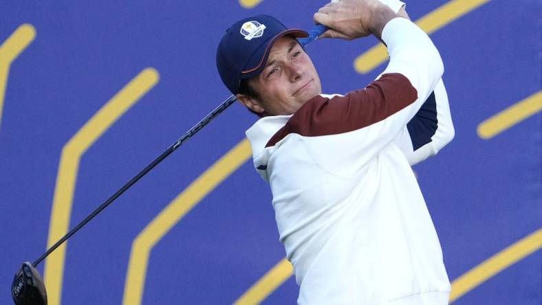 Sep 30, 2023; Rome, ITA; Team Europe golfer Viktor Hovland plays his shot from the first tee during day two foursomes round for the 44th Ryder Cup golf competition at Marco Simone Golf and Country Club. Mandatory Credit: Adam Cairns-USA TODAY Sports