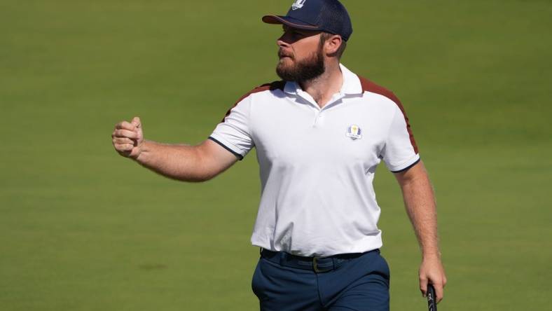 Sep 30, 2023; Rome, ITA; Team Europe golfer Tyrrell Hatton celebrates during day two foursomes round for the 44th Ryder Cup golf competition at Marco Simone Golf and Country Club. Mandatory Credit: Kyle Terada-USA TODAY Sports