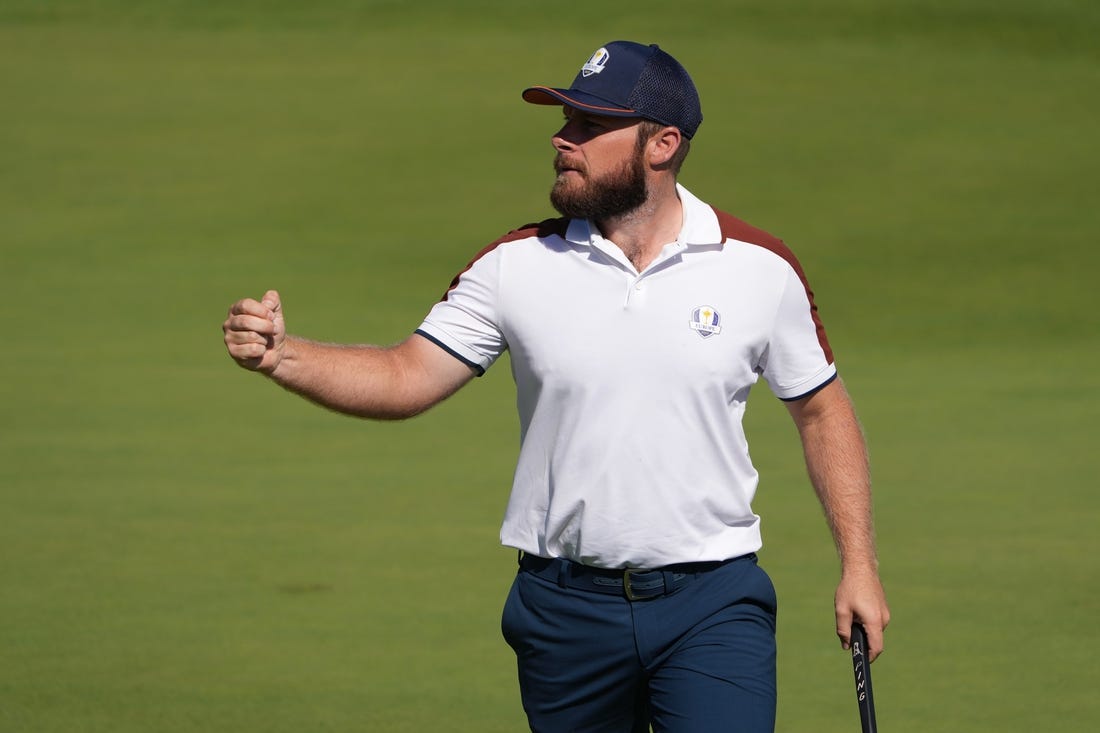 Sep 30, 2023; Rome, ITA; Team Europe golfer Tyrrell Hatton celebrates during day two foursomes round for the 44th Ryder Cup golf competition at Marco Simone Golf and Country Club. Mandatory Credit: Kyle Terada-USA TODAY Sports