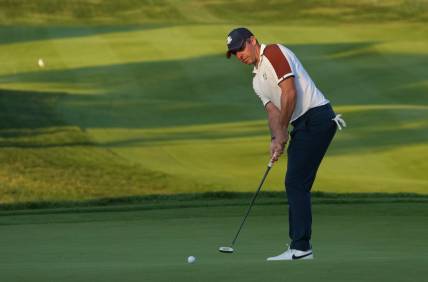 Sep 30, 2023; Rome, ITALY;  Team Europe golfer Rory McIlroy putts on the 16th green during day two fourballs round for the 44th Ryder Cup golf competition at Marco Simone Golf and Country Club. Mandatory Credit: Kyle Terada-USA TODAY Sports