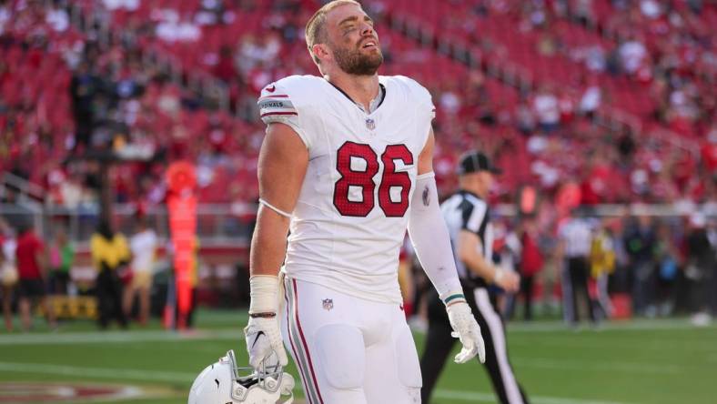 Oct 1, 2023; Santa Clara, California, USA; Arizona Cardinals tight end Zach Ertz (86) reacts after the game against the San Francisco 49ers at Levi's Stadium. Mandatory Credit: Sergio Estrada-USA TODAY Sports