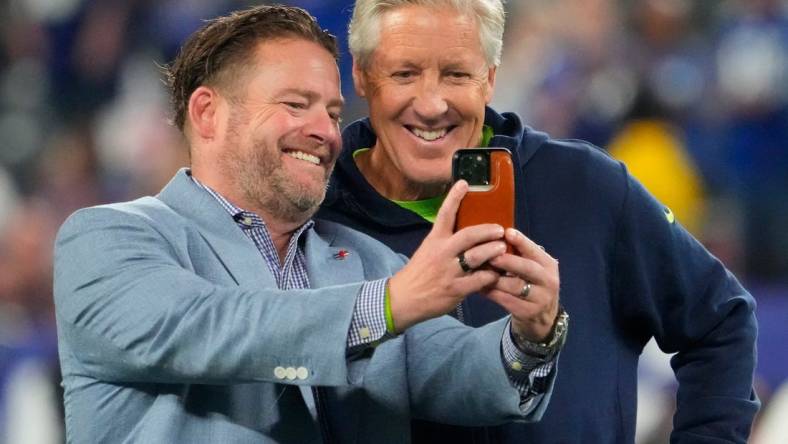 Oct 2, 2023; East Rutherford, New Jersey, USA; Seattle Seahawks head coach Pete Carroll with GM John Schneider pre game at MetLife Stadium. Mandatory Credit: Robert Deutsch-USA TODAY Sports