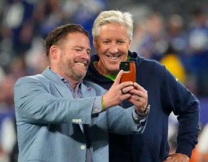 Oct 2, 2023; East Rutherford, New Jersey, USA; Seattle Seahawks head coach Pete Carroll with GM John Schneider pre game at MetLife Stadium. Mandatory Credit: Robert Deutsch-USA TODAY Sports