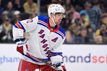 Sep 24, 2023; Boston, Massachusetts, USA; New York Rangers center Filip Chytil (72) skates against the Boston Bruins during the second period at TD Garden. Mandatory Credit: Eric Canha-USA TODAY Sports