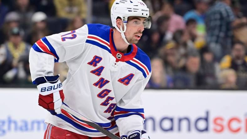 Sep 24, 2023; Boston, Massachusetts, USA; New York Rangers center Filip Chytil (72) skates against the Boston Bruins during the second period at TD Garden. Mandatory Credit: Eric Canha-USA TODAY Sports