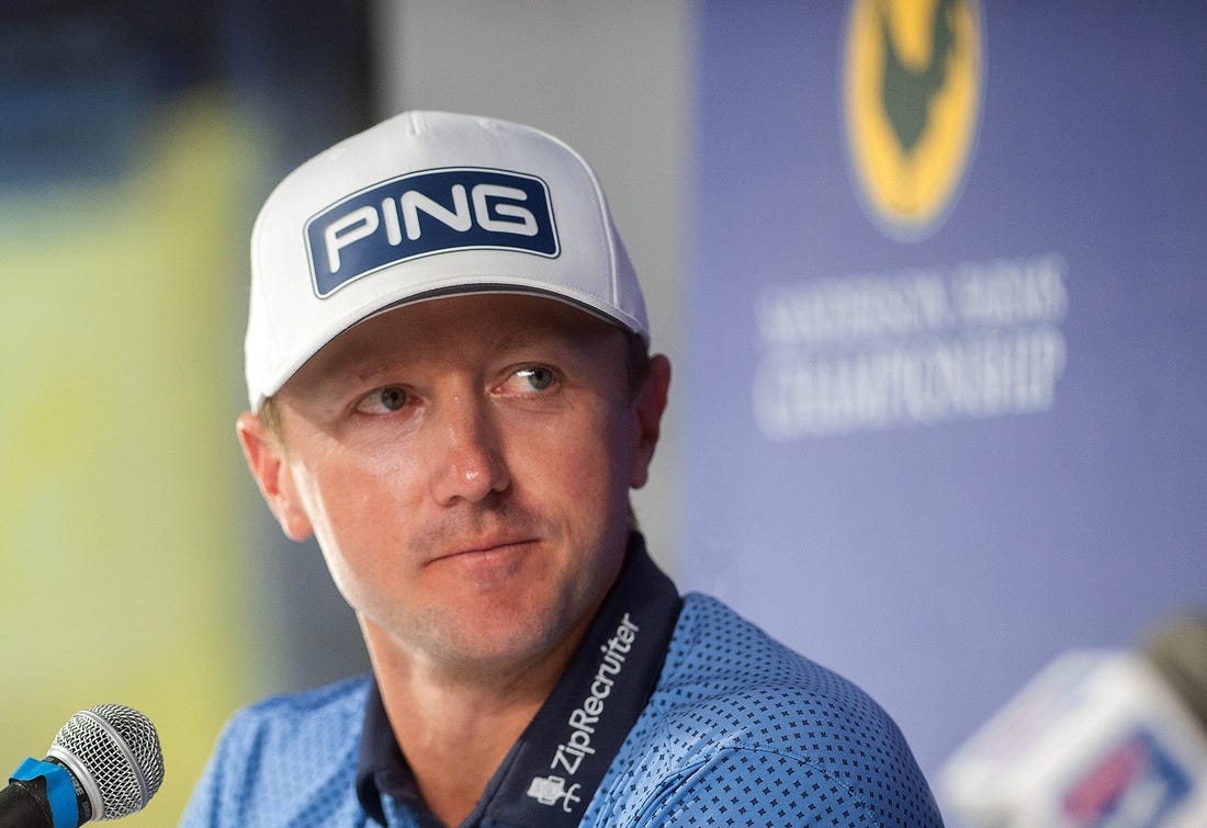 Sanderson Farms Championship 2022 winner Mackenzie Hughes speaks about returning to the course for the tournament during a news conference at the Country Club of Jackson in Jackson, Miss., Tuesday, Oct. 3, 2023.