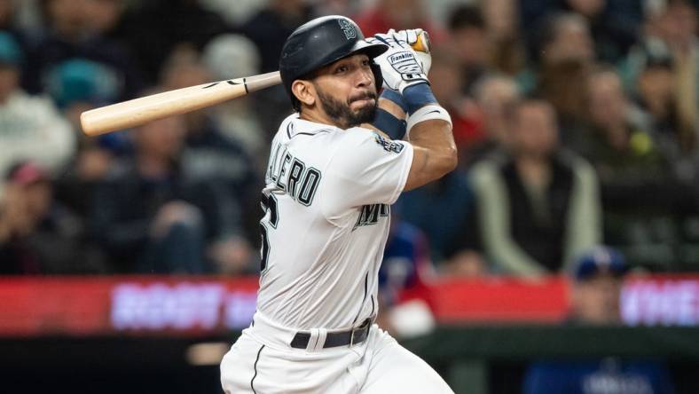 Sep 28, 2023; Seattle, Washington, USA; Seattle Mariners second baseman Jose Caballero (76) against the Texas Rangers at T-Mobile Park. Mandatory Credit: Stephen Brashear-USA TODAY Sports