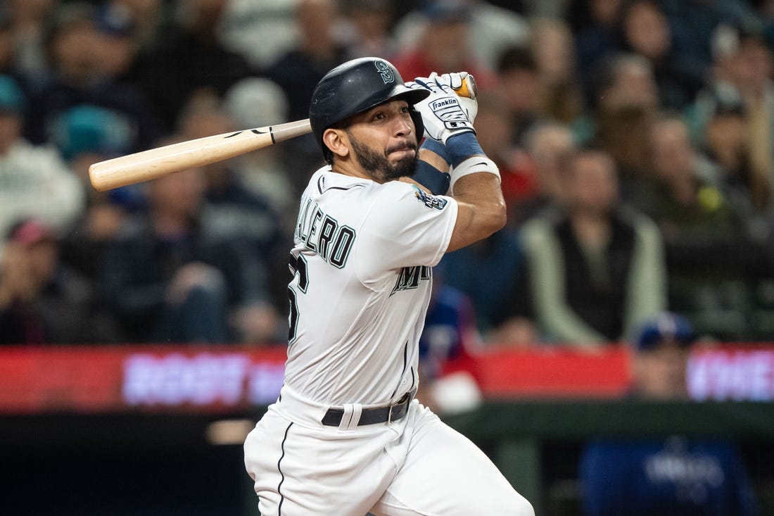 Sep 28, 2023; Seattle, Washington, USA; Seattle Mariners second baseman Jose Caballero (76) against the Texas Rangers at T-Mobile Park. Mandatory Credit: Stephen Brashear-USA TODAY Sports