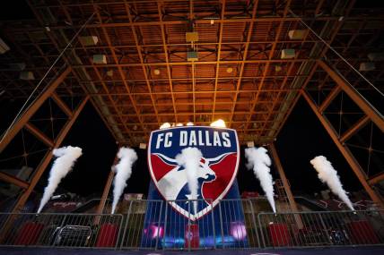 Oct 4, 2023; Frisco, Texas, USA; A view of the FC Dallas logo and smoke and flames before the game between FC Dallas and the Colorado Rapids at Toyota Stadium. Mandatory Credit: Jerome Miron-USA TODAY Sports